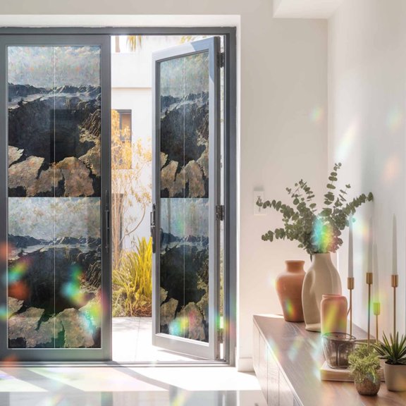 Abyss Crater Window Privacy Film Ground Fissure Earth Brown Crevice Texture Static Cling Stained Glass Window Film Non-Adhesive Decorative Decals Rainbow Sticker 29.5"X118"