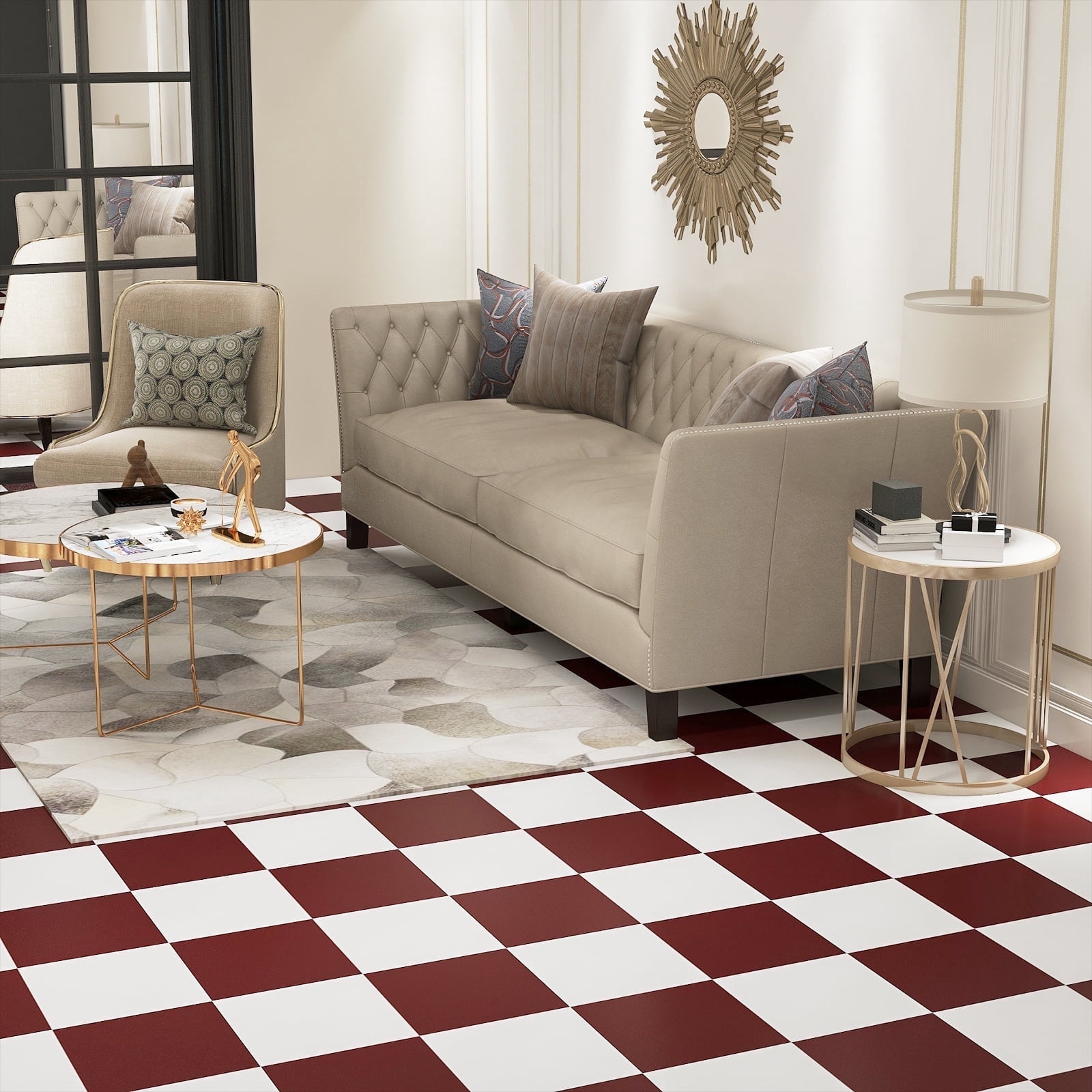 Abyssaly Vinyl Peel and Stick Floor Tiles 12 x12 Inches Red and White Checkered Floor Tiles Easy to Install and Waterproof for Bathroom and Kitchen (10 Pcs, Red and White)
