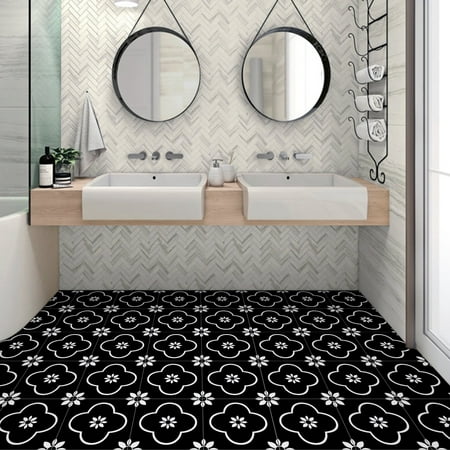 Abyssaly 10Pcs Black and White Vinyl Flooring Peel and Stick 12" x 12" Self Adhesive Floor Tile Removable Stickers Tile for Kitchen Bedroom Backsplash Solid