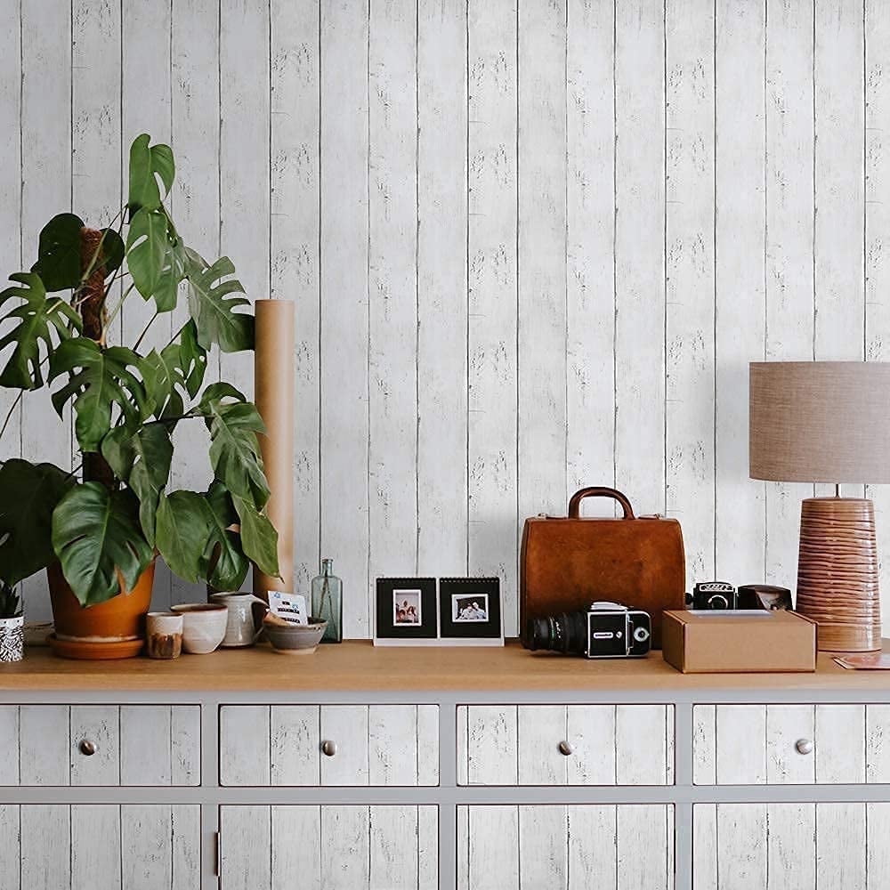Abyssaly 17.7" x 393" White Wood Wallpaper Peel and Stick Wallpaper Self-Adhesive Removable Decorative Vintage Wood Gray Plank Wall Paper Interior Vinyl Film Shiplap for Home Decoration