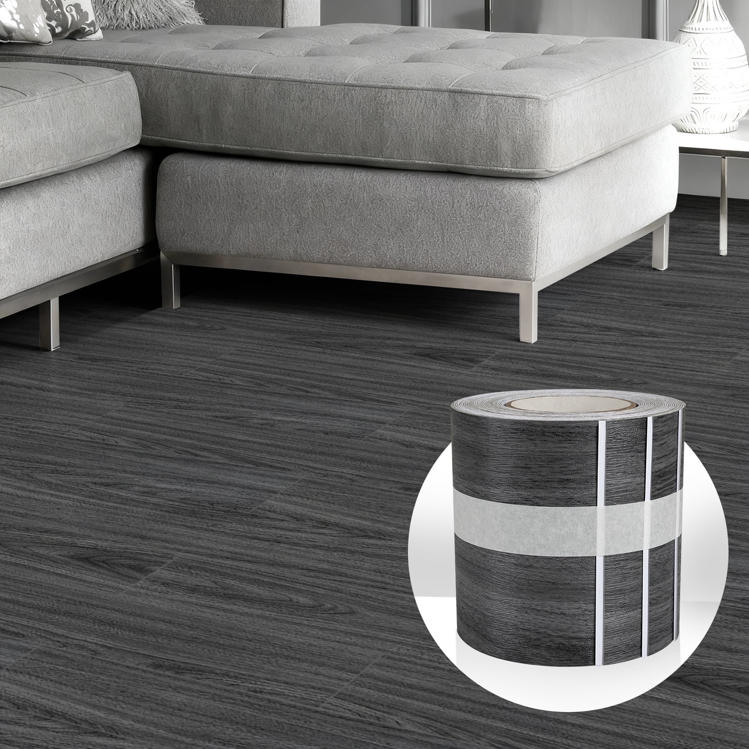 Abyssaly Wood Grain Peel and Stick Flooring Tile, 35.8" x 5.9" 10 Pcs, Dark Gray Color Self Adhesive Vinyl Thicken Flooring Tile Wood Planks