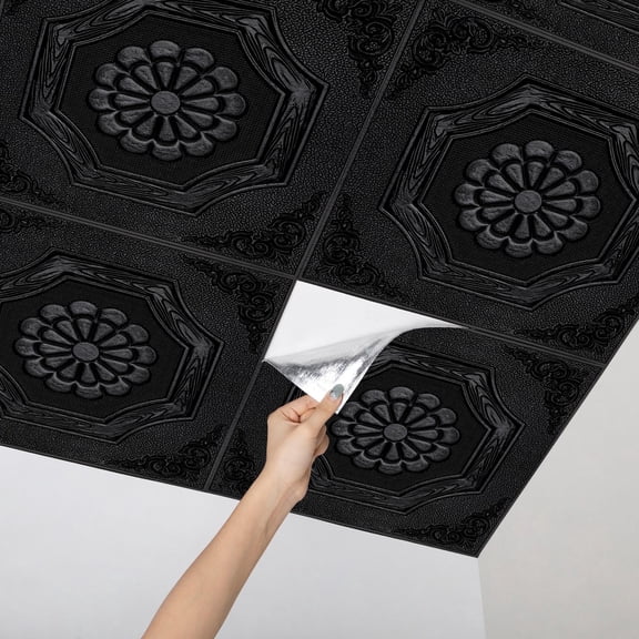 Abyssaly Black Drop Ceiling Tile, 13.7" x 13.7" 16 Pcs, 3D Wall Panels Foam Peel and Stick Ceiling Tiles Decorative Easy Install PVC Ceiling Panels for Interior Kitchen Bathroom Basement