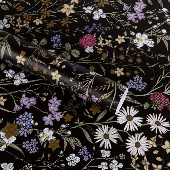 Abyssaly Black Floral Peel and Stick Wallpaper 17.3 "x 118" Flower Wallpaper Vintage Vinyl Contact Paper Suitable for Home Walls Cabinet Bedroom