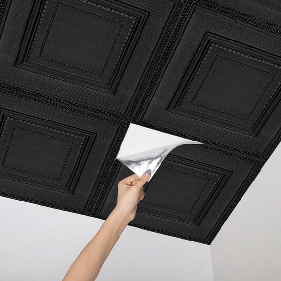 Abyssaly Black Peel and Stick Ceiling Tile 13.7" x 13.7" 16 Pcs Ceiling Tile Coverage Area 21 sq.ft, Easy to Install for Ceiling and Wall, Plain Black