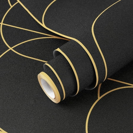 Abyssaly Black Peel and Stick Wallpaper Strip Line Contact Paper 17.7" x 78.7" Black/Gold Geometric Self-Adhesive Removable Vinyl Wallpaper for Bedroom