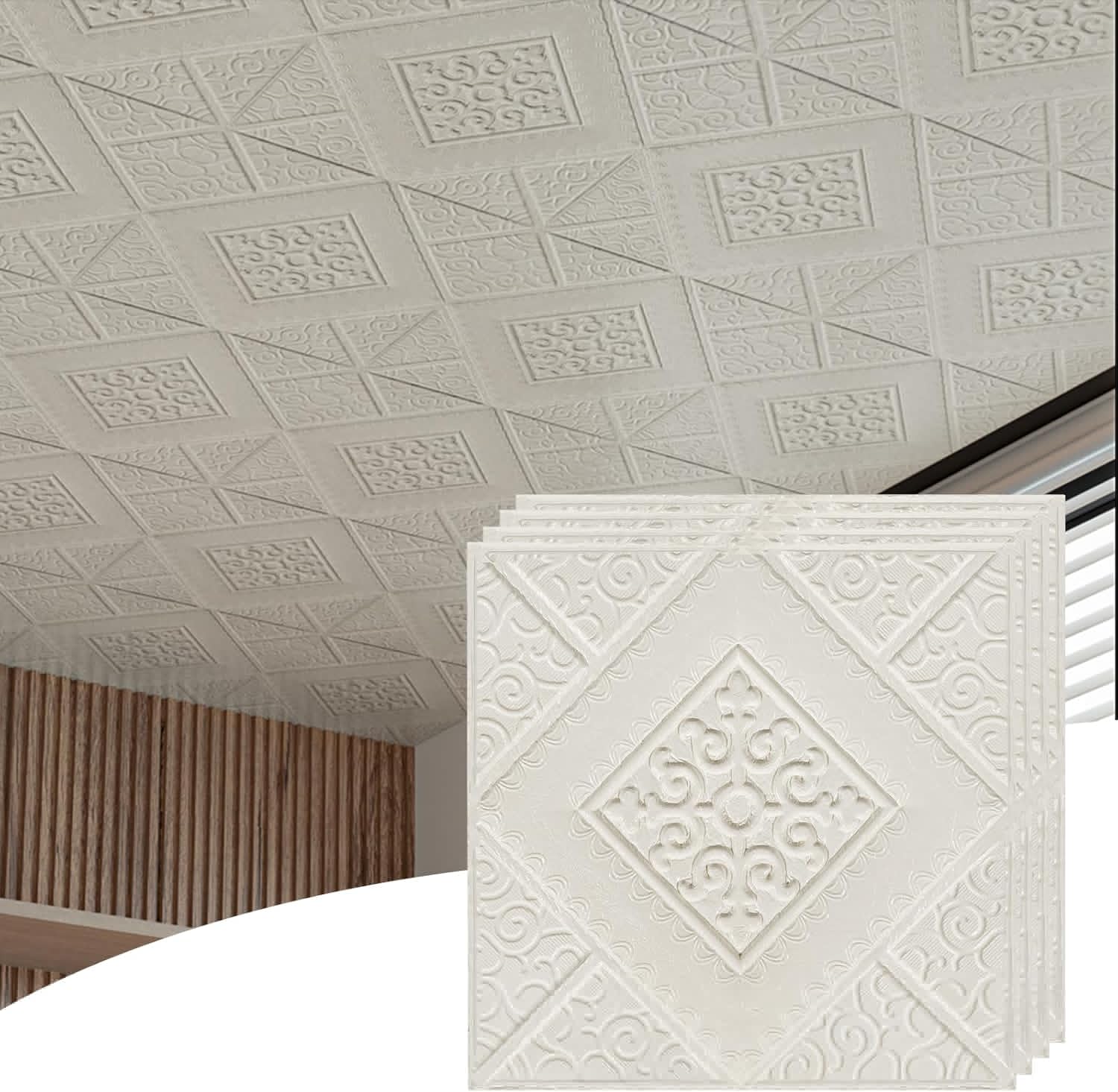 Abyssaly Peel and Stick Ceiling Tiles, 16 Pcs, Covered 21 Sq.ft, Foam 3D Wall Panels Peel and Stick, Easy to Install and Cut for Ceiling and Interior Wall Decor, Plain White, 13.7"x 13.7"