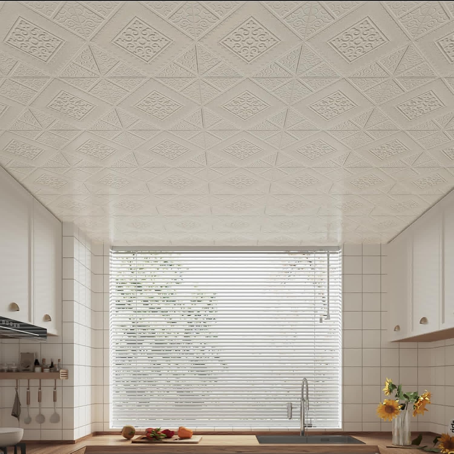 Abyssaly Drop Peel and Stick Ceiling Tiles, 13.7"x 13.7", 16 Pcs, Covered 21 Sq.ft, Foam 3D Wall Panels Peel and Stick, Easy to Install and Cut for Ceiling and Interior Wall Decor, Plain White