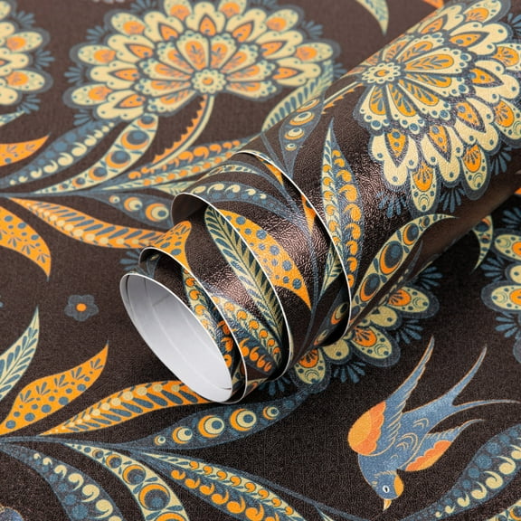 Abyssaly Floral Peel and Stick Wallpaper 17.7" x 118" Black Floral Thicken Wall Paper Vintage Wallpaper Flower Contact Paper for Counter Desk Drawer Bedroom Kitchen