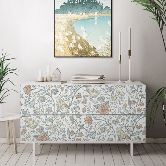 Abyssaly Floral Peel and Stick Wallpaper 17.7 "x 236" White Bird and Flower Wallpaper Vintage Vinyl Contact Paper Suitable for Home Walls Cabinet Bedroom