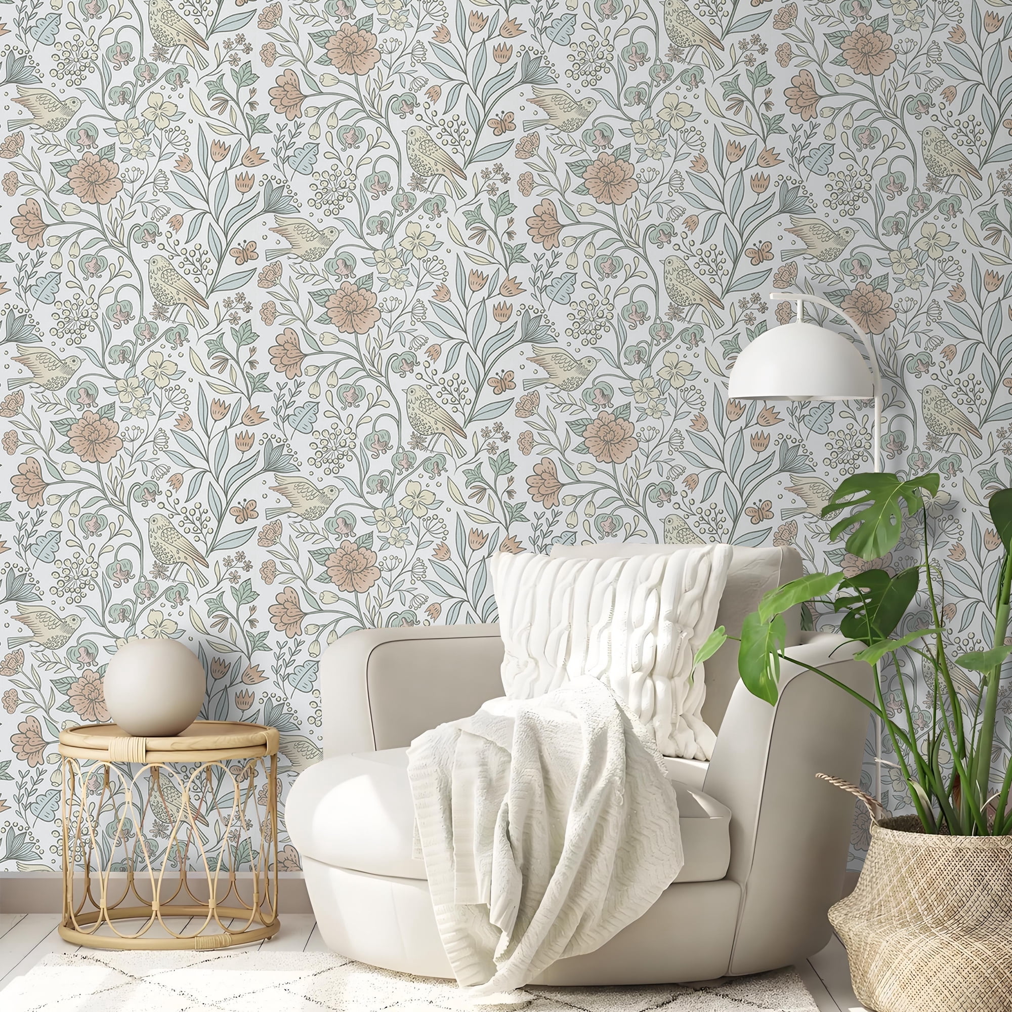 Abyssaly Floral Peel and Stick Wallpaper 17.7 "x 393"White Bird and Flower Wallpaper Vintage Vinyl Contact Paper Suitable for Home Walls Cabinet Bedroom