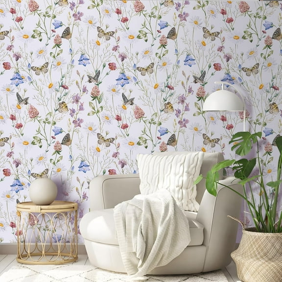 Abyssaly Floral Peel and Stick Wallpaper 17.3" × 393.7",Butterfly and Flower, White Removable Self-Adhesive Vinyl Wall Paper for Home Decor