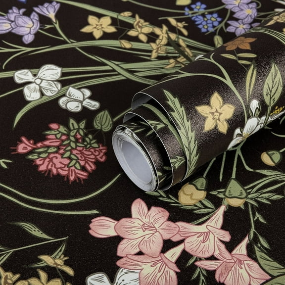 Abyssaly Floral Peel and Stick Wallpaper 17.7" x 118" Black Flower Wallpaper Self-Adhesive Removable Contact Paper for Bedroom Kitchen Living Room