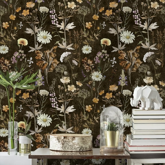 Abyssaly Floral Wallpaper 17.3" x 118"Peel and Stick Wallpaper Self-Adhensive Removable Wall Paper Black Vintage Daisies Contact Paper Vinyl Waterproof