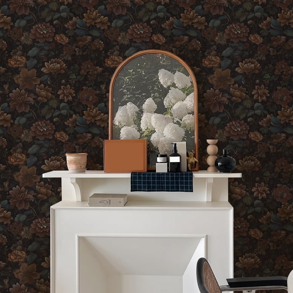 Abyssaly Floral Wallpaper Peel and Stick 17.3"×118" Floral Black Wallpaper Vintage Self Adhesive Textured Contact Paper Home Decor Wall Covering Old Furniture Renovation