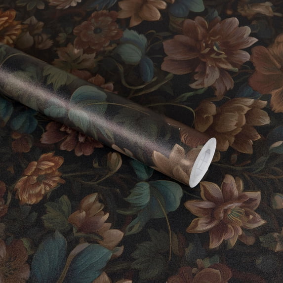 Abyssaly Floral Wallpaper Peel and Stick 17.3"×118" Floral Black Wallpaper Vintage Self Adhesive Textured Contact Paper Home Decor Wall Covering Old Furniture Renovation