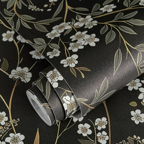 Abyssaly Floral Wallpaper Peel and Stick Wallpaper 17.3"x118" Black Flower Contact Paper Thicken Waterproof Leaf Self Adhesive Removable Vintage Wall Paper Vinyl Roll for Home Wall Shelf Countertop