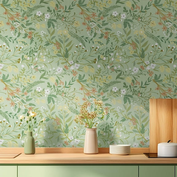 Abyssaly Green Floral Peel and Stick Wallpaper 17.3" × 393.7" Removable Self-Adhesive Green Vinyl Wallpaper for Home Decor