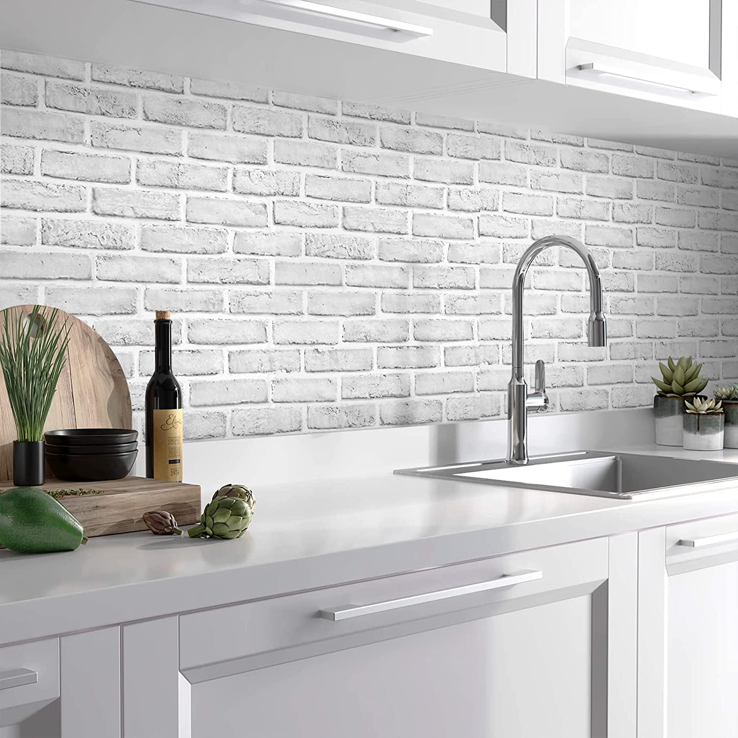 "Abyssaly 3D Brick Wallpaper, Grey/White, 17.7""x236.7"", Self Adhesive