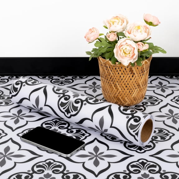 Abyssaly Peel and Stick Vinyl Flooring Tile, 15.7" x 157.5", Self-Adhesive Black, Gray and White Flower Design Tile for Kitchen Dining Bedroom Interior Home Decor