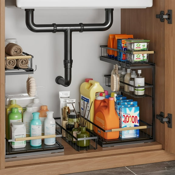 Abyssaly Under Sink Organizer, 3 Tier Pull Out Cabinet Shelf, Adjustable Height L-Shaped Slide Out Storage for Kitchen Bathroom Laundry, Black, 2 Pack