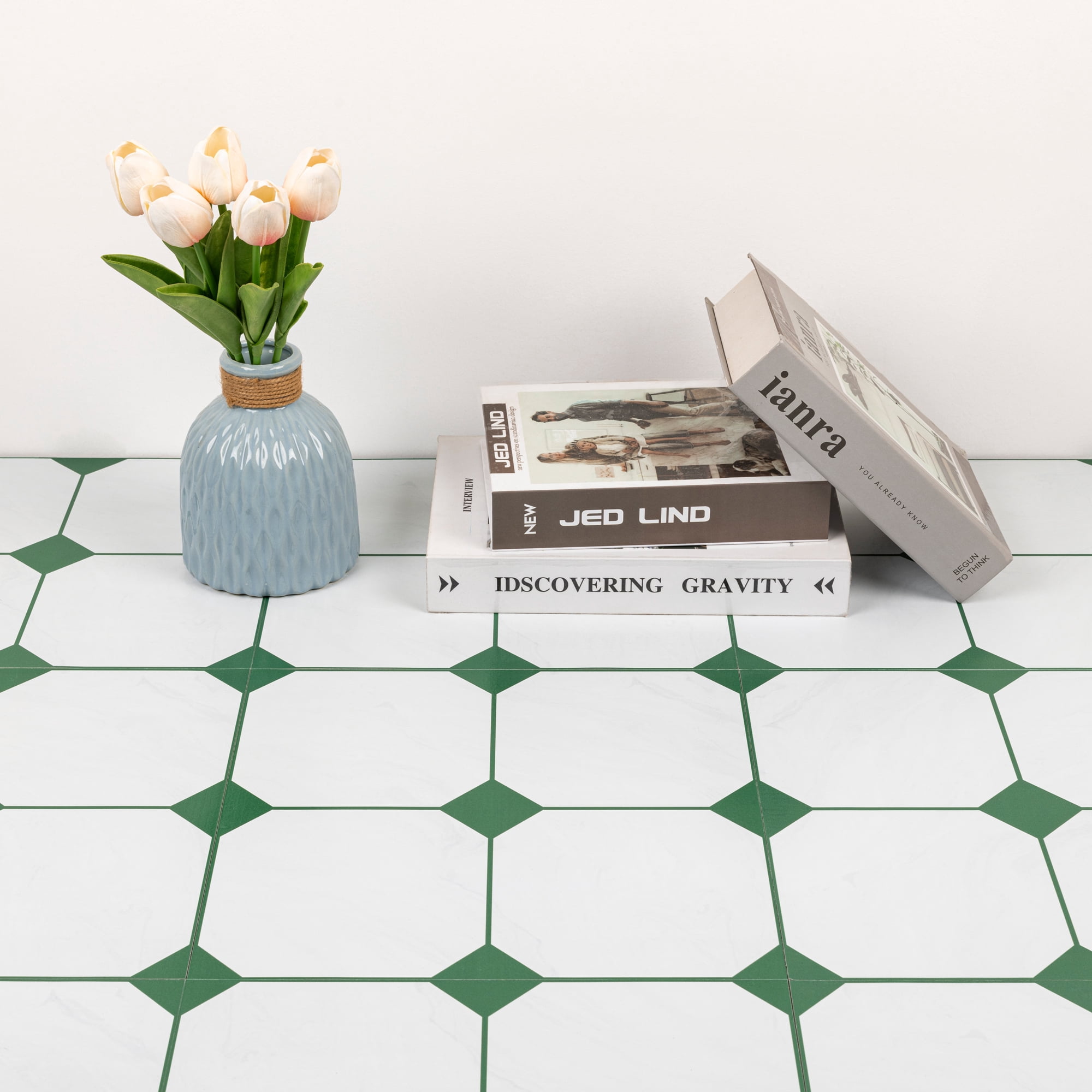 Abyssaly White and Green Peel and Stick Floor Tile 12"×12"Vinyl Flooring Waterproof for Bathroom Kitchen 10PCS