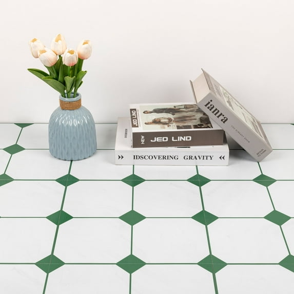 Abyssaly White and Green Peel and Stick Floor Tile 12"×12"Vinyl Flooring Waterproof for Bathroom Kitchen 10PCS