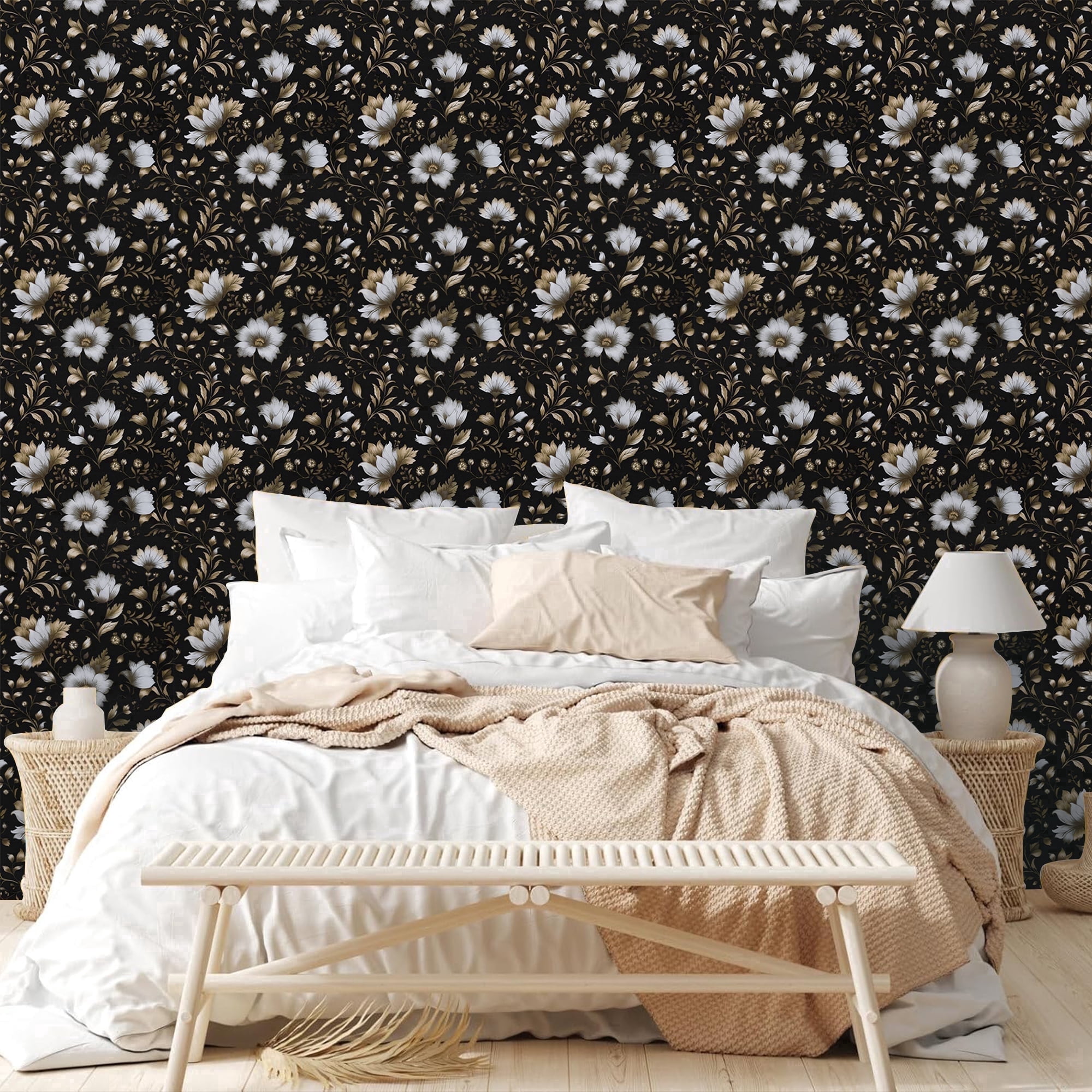 Abyssaly Black Gold Floral Wallpaper, 17.3" x 393" Peel and Stick Wallpaper Self-Adhesive Removable Contact Paper for Home Decoration