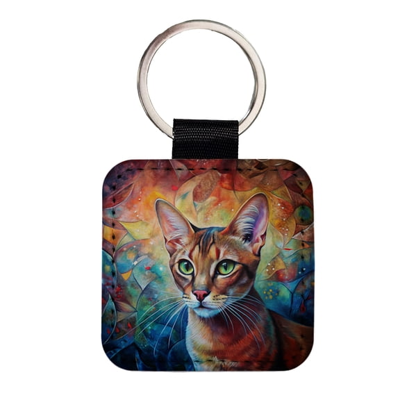 Abyssinian Cat Abstract Art Faux Leather Square Keychain
