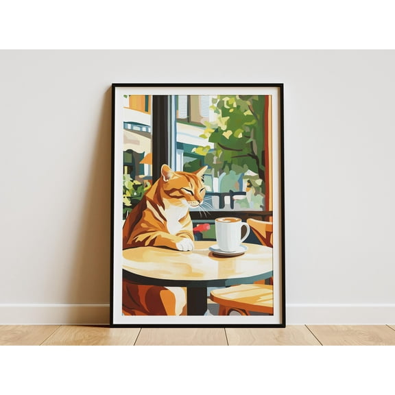 Abyssinian Cat Cafe Art Print Cozy Coffee Shop Poster Drinking Coffee Wall Art Home Decor Cat Lover Gift Illustration Print - Poster Unframed