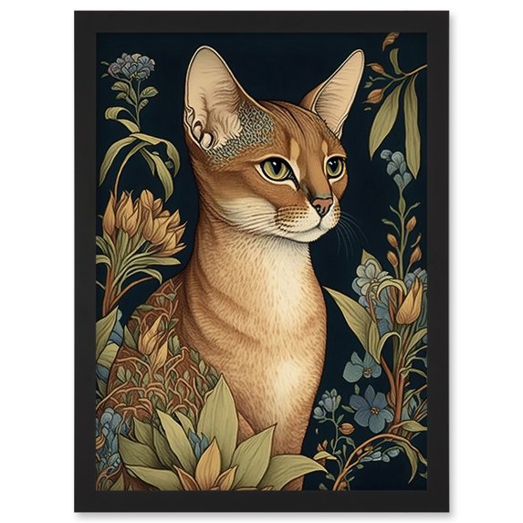 Abyssinian Cat with Flowers Art Nouveau Modern Watercolour Illustration Artwork Framed Wall Art Print A4