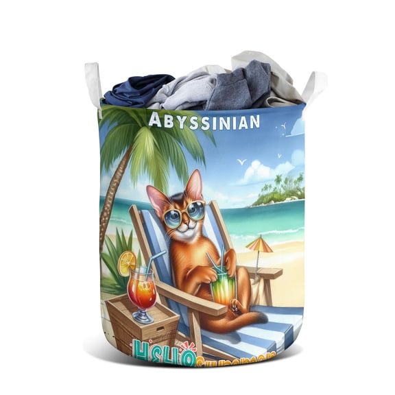 Abyssinian Hello Summer Beach Theme with Sunglasses and Tropical Cocktail Foldable Laundry Basket Cat Lover Kitten Owner Gifts Organizer Storage with Handles - 00009
