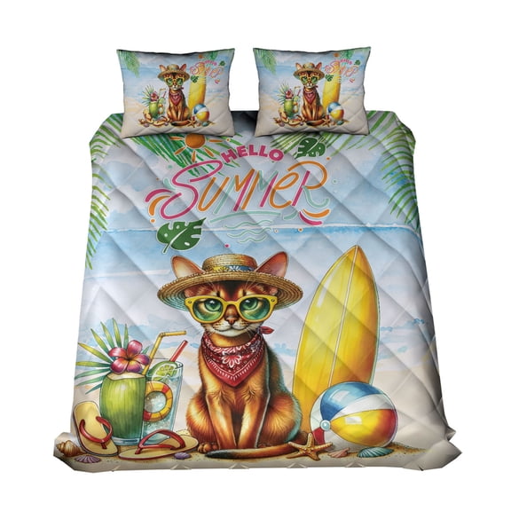 Abyssinian Hello Summer with Sunglasses and Surfboard Tropical Vibes Quilt Bedding Set Cat Lover Kitten Owner Gifts 1 Blanket Bed Cover 2 Pillowcases - 00007