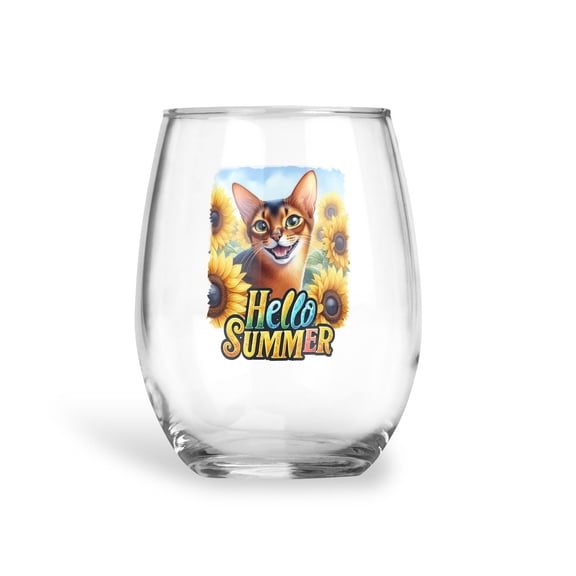 Abyssinian Hello Summer Sunshine Sunflowers Spring Retro Vintage 15oz Stemless Wine Glass Mug Cat Lover Kitten Owner Gifts Wine Glasses Cup - 00008