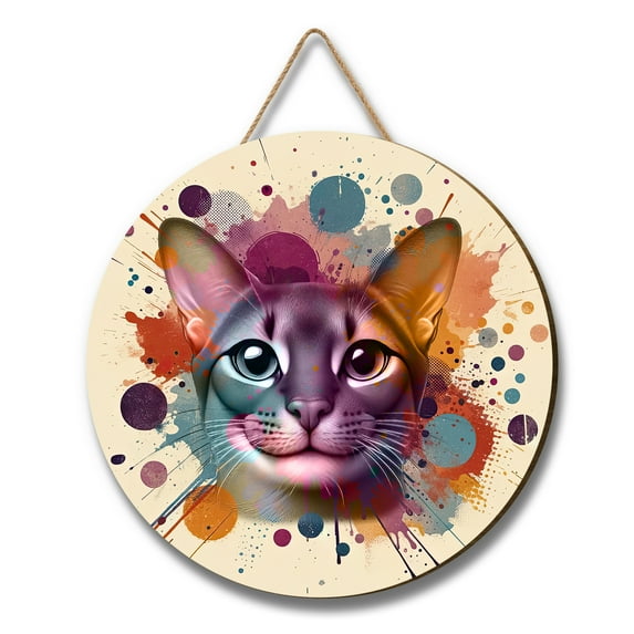 Abyssinian Portrait Watercolor Vintage Retro Styles Round Wood Sign Cat Lover Kitten Owner Gifts Hanging Wall Home Decor - 00001