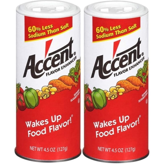 Ac'cent Flavor Enhancer 00054 All Natural 4.5 Oz. Wakes Up Food Flavor Canister (Pack of 2); Ideal for Meats, Poultry, Vegetables, Soups and Salads, Monosodium Glutamate Imparts an Umami Flavor