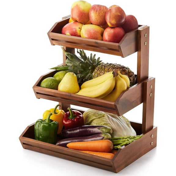 Acacia 3 Tier Fruit Basket for Counter – Wooden Fruit Bowl for Kitchen Counter Organizer, Vegetable & Produce Storage, Wooden Basket & Snack Organizer for Countertop Storage