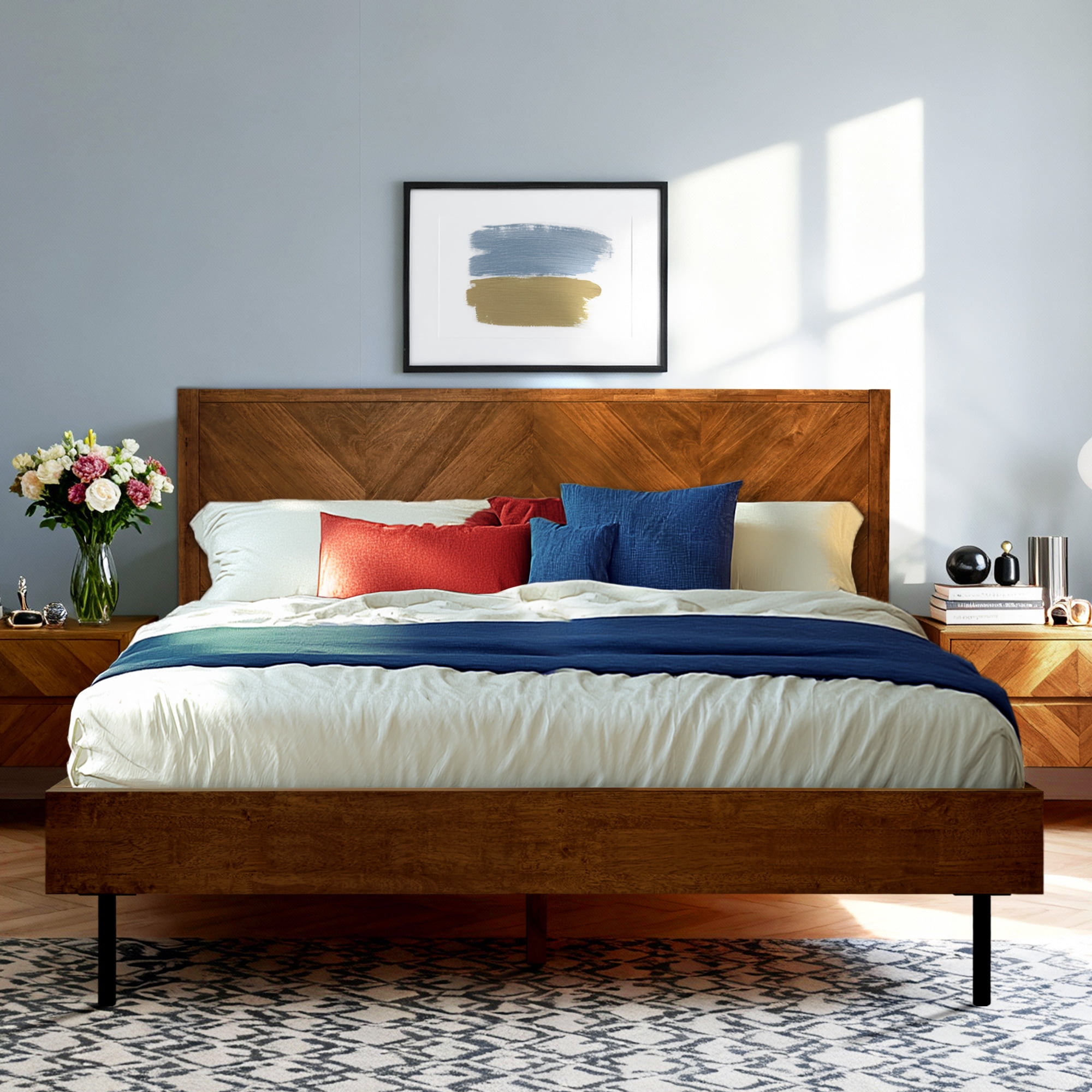 Acacia Alander Bed Frame with Headboard Bed Frame Queen Size Solid Wood Platform Bed, Scandinavian Signature High Headboard Wood Bed Compatible with All Mattress Types, 30 Mins Assembly, Walnut