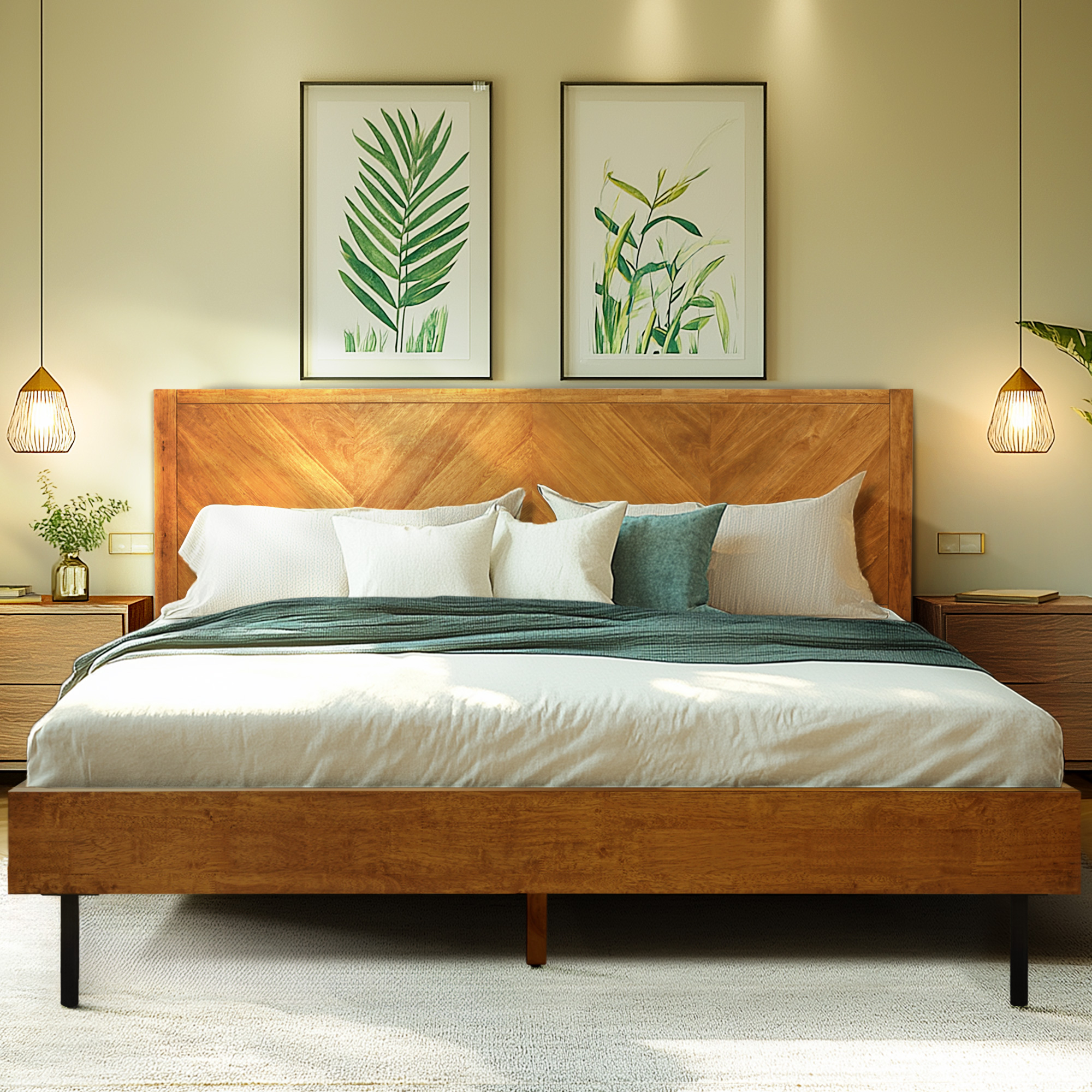 Wooden Bed Frame With Headboard & Footboard – Platform Slats – Walnut – Available In Full, Twin, Queen