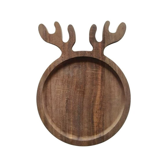 Acacia Antler Christmas Serving Platter, 10.27" x 7.87" Round Wooden Food Dish, Serving Dishes Charcuterie Board Tray for Cheese Fruit Bread, Christmas Platter for Housewarming Decro Wedding