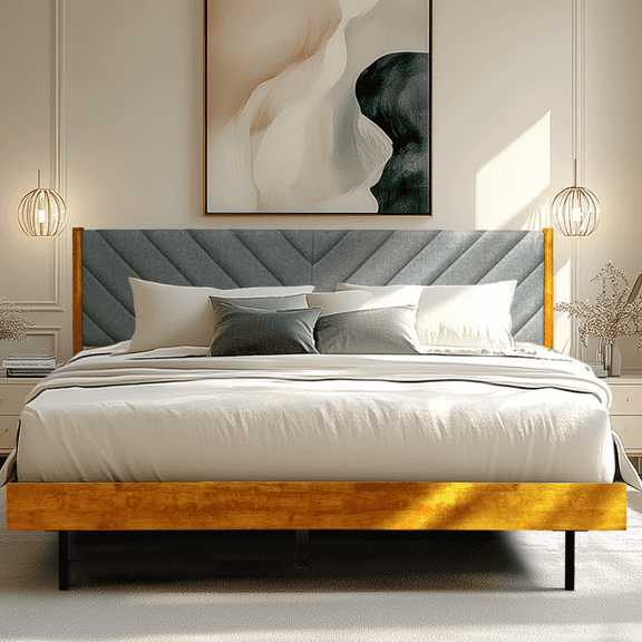 Acacia Astoria Upholstered Bed Frame with Headboard, Contemporary Signature High Headboard Wood Bed