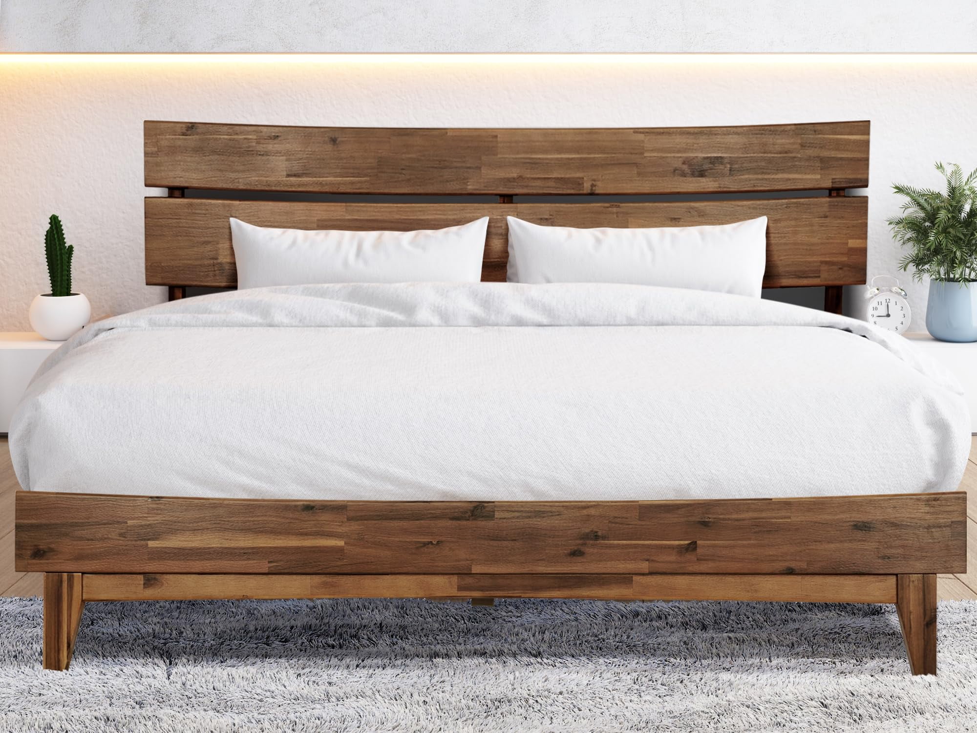 King Size Walnut Acacia Wood Bed Frame with High Headboard