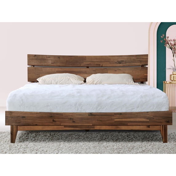 Acacia Aurora Bed Frame with Headboard Solid Wood Platform Bed, Queen Bed Frame, Scandinavian Signature Wood Bed Compatible with All Mattress Types, Non-Slip and Noise-Free, Walnut