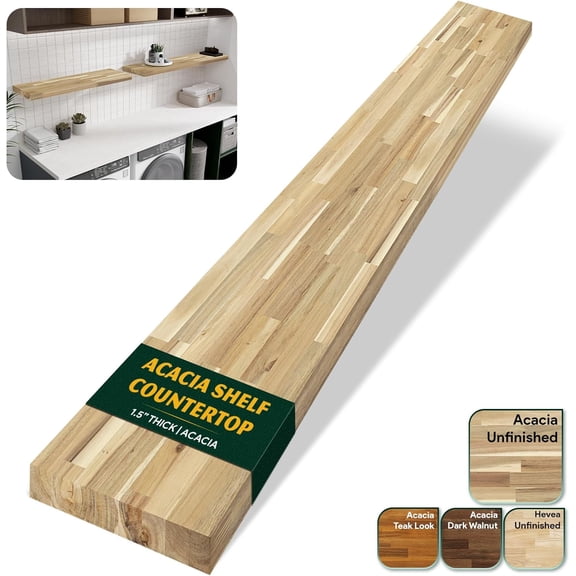 Acacia Butcher Block Shelf 12" x 4ft x 1.5" Inches, Unfinished Solid Wood Countertop Shelf Board, Wooden Plank Board