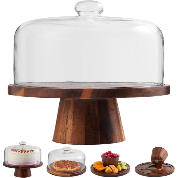 Acacia Cake Stand with Glass Lid - 12" Base, Detachable Serving Tray for Cake, Cheese, Charcuterie, Snacks & Desserts - Wooden Cake Holder for Parties & Kitchen Display