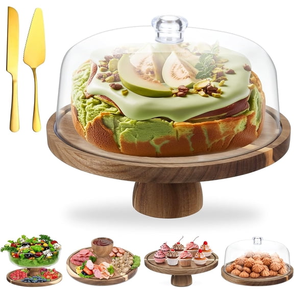 Acacia  Cake Stand with Lid, 12'' Round Cake Holder with Clear  Cover, 2 in 1 Dessert Table Display Set & Charcuterie Board, Kitchen Decor for Birthday or Wedding