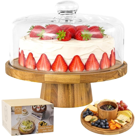 Acacia Cake Stand with Lid, 12" Wooden Cake Holder with Glass Dome Cover, 2-In-1 Round Cake Stand Dessert Table Display Set & Charcuterie Board for Weddings, Parties, Bakeries