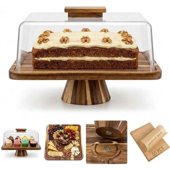 Acacia Cake Stand with Lid, 15.5" Rectangular Cupcake Stand & Double-Sided Charcuterie Board, Detachable Base, Serving Platter with Lid & 50 count Paper for Party Host