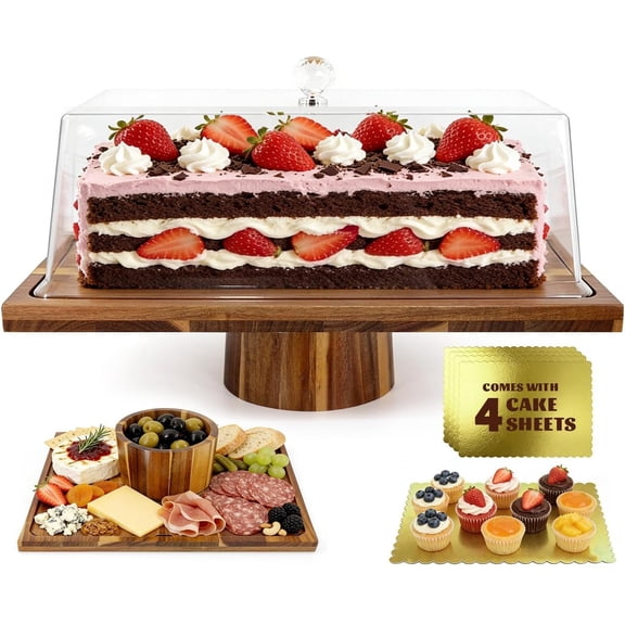 Acacia Cake Stand with Lid - 17" Rectangular 2-in-1 Dessert Display & Charcuterie Board, Shatterproof Dome for Freshness, for Weddings Parties Gifts