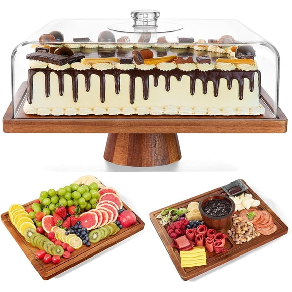 Acacia Cake Stand with Lid- 17" Rectangular Cake Holder,2-in-1 Dessert Table Display Set & Charcuterie Board, Cake Dome Cover for Cheese/Veggie/Desert /Chips & Dip