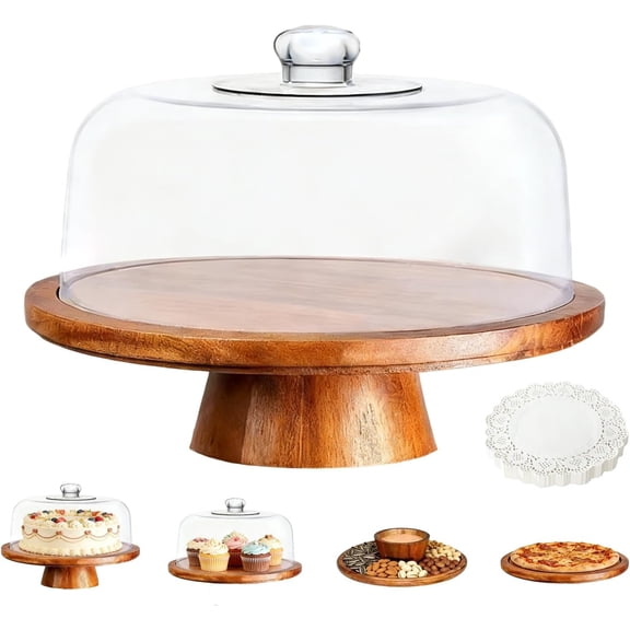 Acacia  Cake Stand with Lid,12in Round Dessert Table Display Set,Multi-Functional Cake Display Stand with Dome for Weddings, Parties,Dessert display